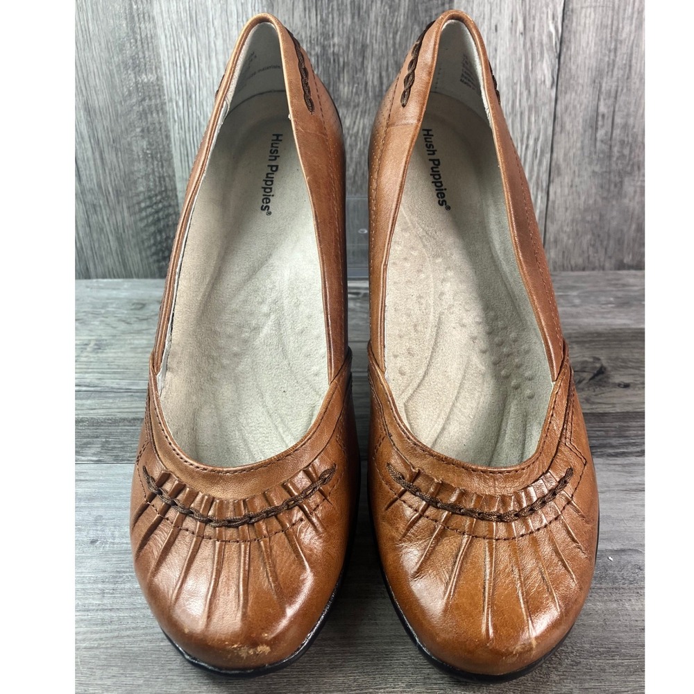 Hush Puppies Womens Brown Leather Wedge Pumps Round Toe Pleated Shoes Size 7W